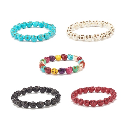 Synthetic Turquoise(Dyed) Skull Beaded Stretch Bracelet, Halloween Gemstone Jewelry for Women