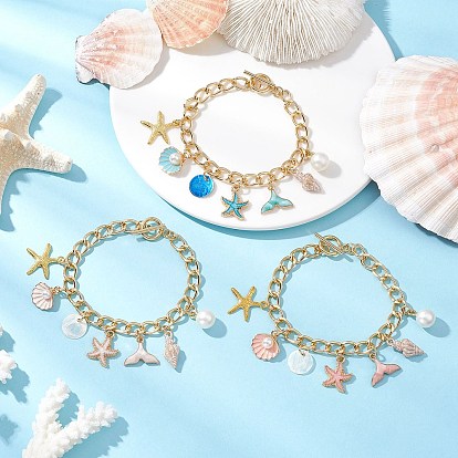 3шт 3 цвета океанская тематика алюминиевые витые панцирные браслеты для женщин, с 304 застежками-тогглами из нержавеющей стали и подвесками из сплава, разнообразные