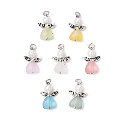 7шт. подвески из матового прозрачного акрила и стеклянного жемчуга, со сплавочной фурнитурой, Ангел с сердцем