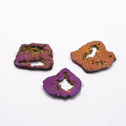 Electroplate Natural Druzy Quartz Crystal Links/Connectors, with Brass Finding, Golden, Nuggets
