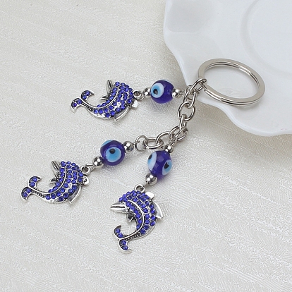 Alloy Rhinestone Keychain, with Alloy Key Rings and Resin Beads, Dolphin & Evil Eye