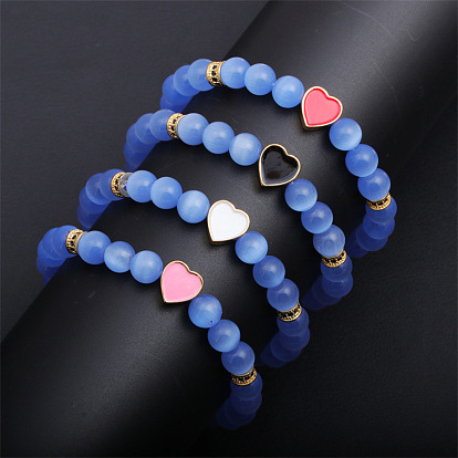 Natural Stone Cat Eye Beaded Bracelet with Heart Charm - European and American Style