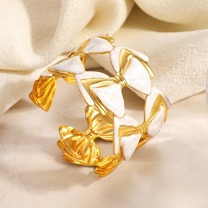 304 Stainless Steel Enamel Cuff Bangles for Women, Bowknot