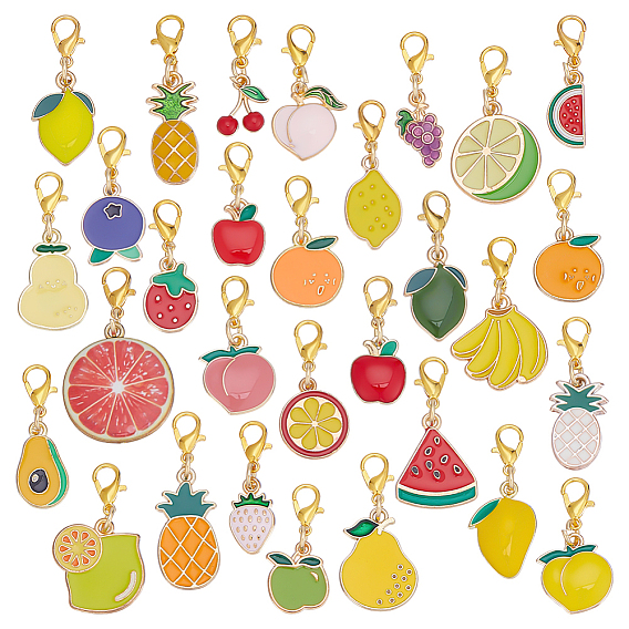 60шт 30 стили сплав эмаль фрукты подвеска украшения, с застежками-карабинами из сплава