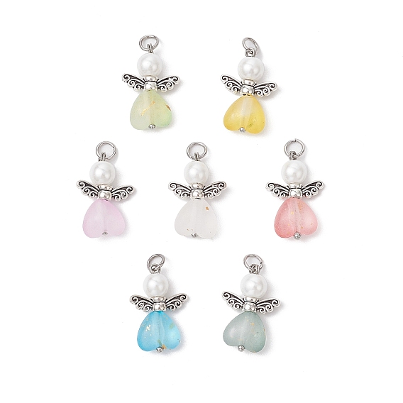 7шт. подвески из матового прозрачного акрила и стеклянного жемчуга, со сплавочной фурнитурой, Ангел с сердцем