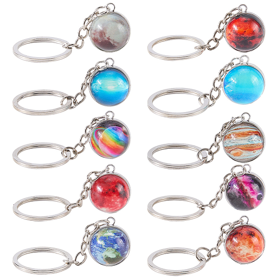 10шт. 10 цветные стеклянные брелоки, с кольцом для ключей из сплава, планета, платина