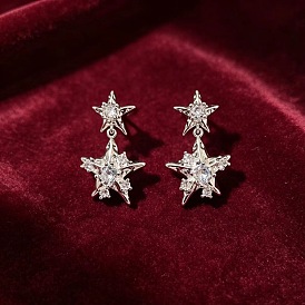 Подвесные серьги-гвоздики из латуни с микропаве из кубического циркония в форме звезды