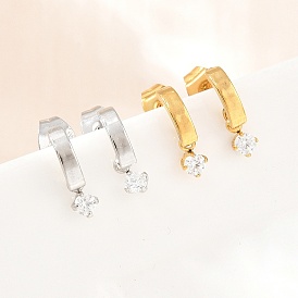 304 Stainless Steel Pave Single Cubic Zirconia Stud Earrings for Women, with 316 Surgical Stainless Steel Pins, PVD Vacuum Plating