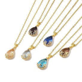 Brass Glass Pendants Necklaces, with 201 Stainless Steel Cable Chain Necklaces, Teardrop