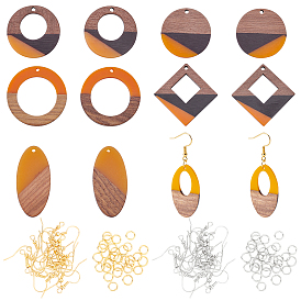 Kits de fabrication de boucles d'oreilles olycraft, y compris les pendentifs en résine et en bois de noyer, Crochets d'oreille en laiton, Anneaux en laiton, formes mixtes