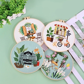 DIY Embroidery Kits, Including Printed Cotton Fabric, Embroidery Thread & Needles, Plastic Embroidery Hoops