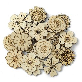 100Pcs Wood Pendants, Flower Charms