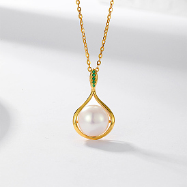 Elegant 925 Sterling Silver & Natural Freshwater Pearl Teardrop Pendant Necklaces with Green Cubic Zirconia