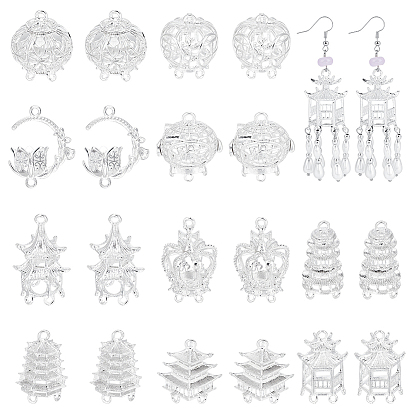20Pcs 10 Styles Alloy Chandelier Component Links, Pagoda Pumpkin Crown, Silver Color Plated