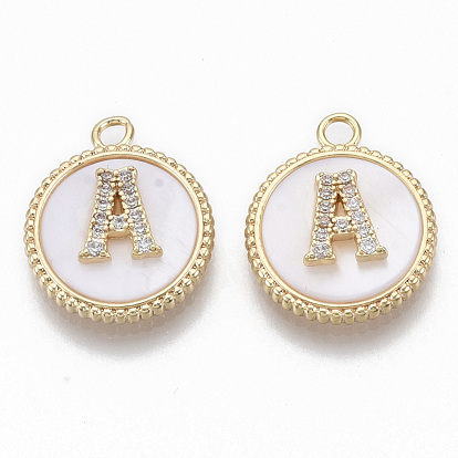 Messing Mikro ebnen Zirkonia Anhänger, mit Shell, flach rund mit Brief, Nickel frei, Transparent