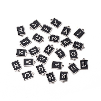 304 Edelstahl Anhänger, mit Emaille, Edelstahlfarbenes Rechteck mit Buchstaben.a~z