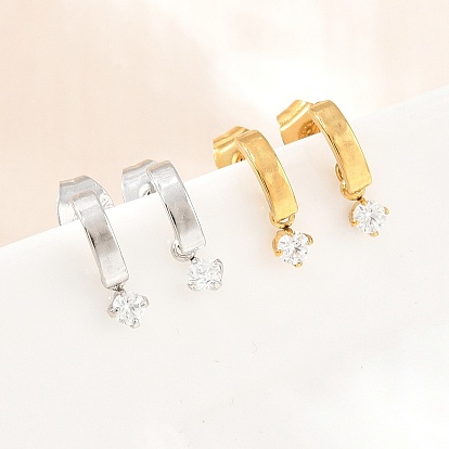 304 Stainless Steel Pave Single Cubic Zirconia Stud Earrings for Women, with 316 Surgical Stainless Steel Pins, PVD Vacuum Plating