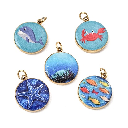 Printed 304 Stainless Steel Pendants, Round Charms, Ion Plating(IP), Long-Lasting Plated, Golden