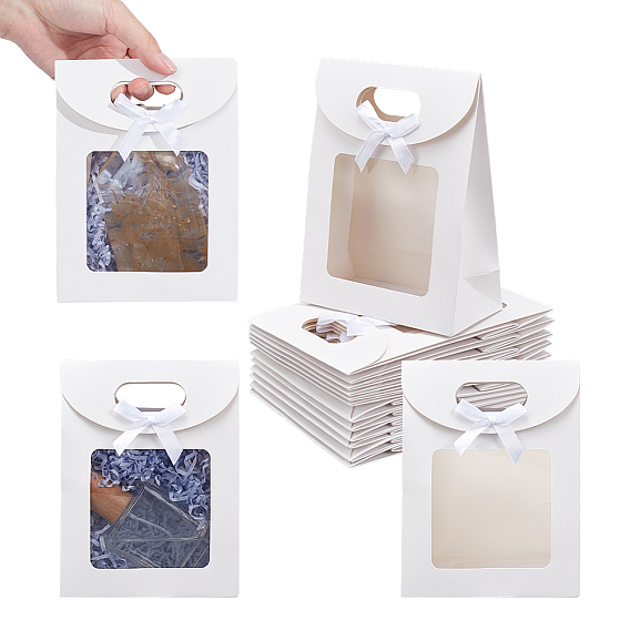 Прямоугольные подарочные пакеты из крафт-бумаги, с бантом и прозрачным окошком