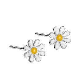 Enamel Daisy Rhodium Plated 999 Sterling Silver Stud Earrings for Women, with 999 Stamp