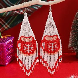 Christmas Snowflake Pattern Tassel Dangle Earrings, Handmade Glass Beaded Jewelry, Platinum