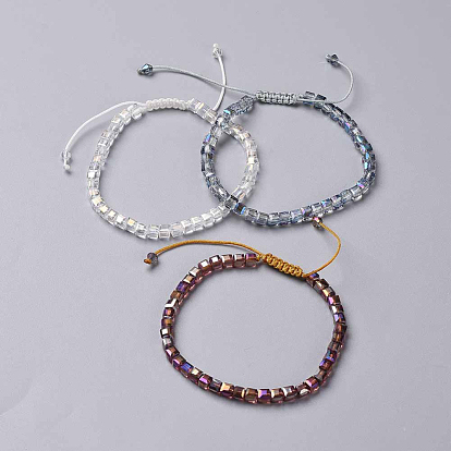 Electroplate Glass Braided Beaded Bracelets, with Nylon Thread Cord, Cube