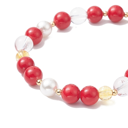 Natural Dyed Mashan Jade & Quartz Crystal Round Beaded Stretch Bracelet with Alloy Enamel Christmas Tree Charms