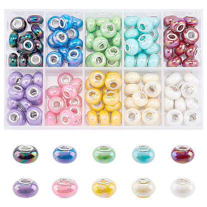 Непрозрачная смола европейский бисер, бусины с большим отверстием, имитация фарфора, с латунными двойными ядрами, платиновый оттенок, AB цвет, рондель