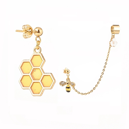 Bee and Honeycomb Alloy Asymmetrical Earrings with Enamel, 304 Stainless Steel Stud Earrings with Dangle Chain Ear Cuff Crawler Climber for Women