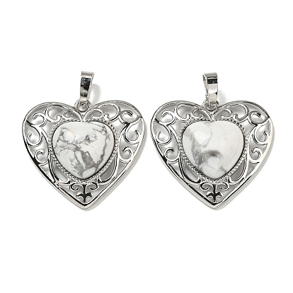 Gemstone Peach Love Heart Pendants, Rack Plating Brass Hollow Heart Charms, Cadmium Free & Lead Free