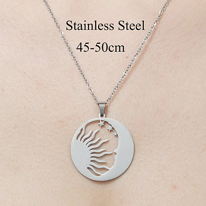201 Stainless Steel Hollow Sun & Moon Pendant Necklace