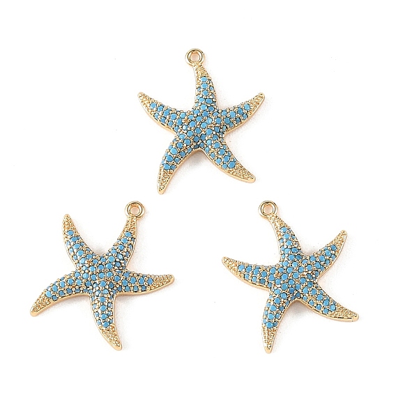 SHEGRACE Brass Synthetic Turquoise Pendants, Starfish Charms, Cadmium Free & Lead Free & Nickel Free, Long-Lasting Plated