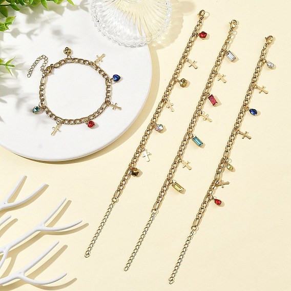 304 Браслеты из нержавеющей стали со стеклянными подвесками в форме сердца, цветка, капли и креста, украшенные множеством шармов., с цепями фигаро, золотые