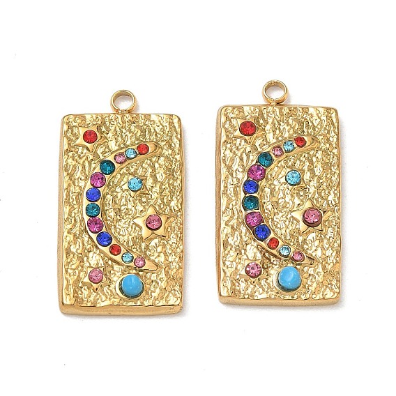 304 Stainless Steel Rhinestone Pendants, Rectangle with Moon Star Charms, Ion Plating(IP)