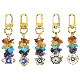 Mixed Gemstone Chip Beaded Pendant Decorations, Evil Eye Alloy Rhinestone and Alloy Swivel Clasps Charms Hanging Ornaments, Mixed Shapes