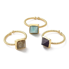 Natural Mixed Gemstone Pyramid Open Cuff Ring, Golden Brass Finger Ring, Cadmium Free & Lead Free