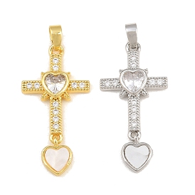 Brass Micro Pave Clear Cubic Zirconia Pendants, with Acrylic, Cross with Heart Charms