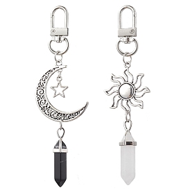 Décorations de pendentifs en jade blanc naturel et obsidienne, avec les accessoires en alliage, soleil et la lune