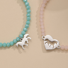 Сплав ссылка браслеты, браслеты из стеклянных бусин-ронделей на эластичной основе для женщин, единорог, платина