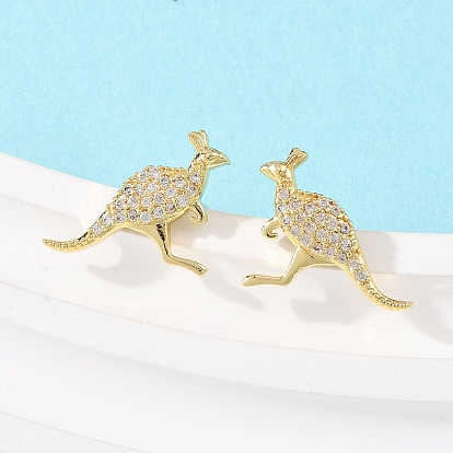 Серьги-гвоздики в форме кенгуру из латуни с микропаве из прозрачных кубических цирконий, долговечная тарелка, стойки покрытие, без свинца и без кадмия