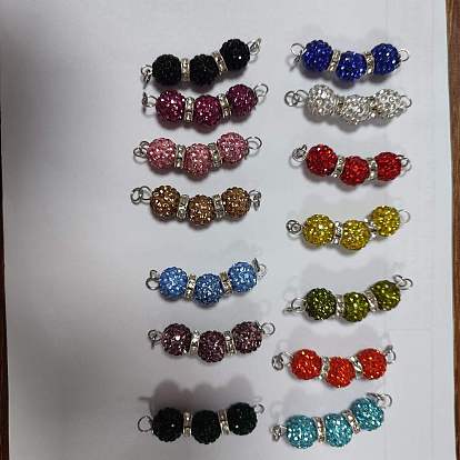14Pcs 14 Colors Polymer Clay Rhinestone Ball Connector Charms, with 304 Stainless Steel Jump Rings, Stainless Steel Color
