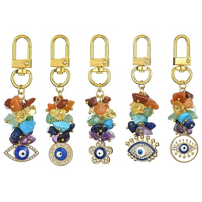 Décorations de pendentif en perles de puces de pierres précieuses mélangées, Strass en alliage mauvais œil et fermoirs pivotants en alliage, breloques ornements suspendus, formes mixtes