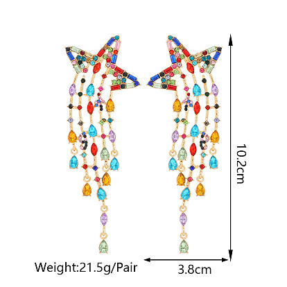 Colorful Crystal Star Earrings with Fashionable Fringe Tassels and Hollow Alloy Design for Women's Personalized Ear Accessories