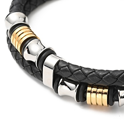 Cowhide Braided Double Layer Bracelet with 304 Stainless Steel Magnetic Clasps, Gothic Jewelry for Men Women