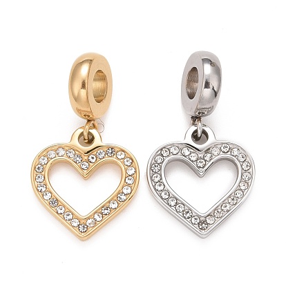 304 Stainless Steel European Dangle Charms, Large Hole Pendants, with Crystal Rhinestone, Heart