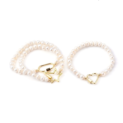 Brass Link Bracelets Set, with Natural Pearl Beads, Heart/Oval/Lightning Bolt, Golden