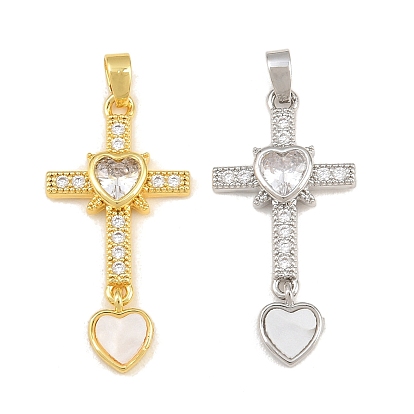 Brass Micro Pave Clear Cubic Zirconia Pendants, with Acrylic, Cross with Heart Charms