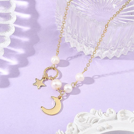 Collares con colgante de luna y estrella de latón y cadena de cable para mujer, Con perlas naturales cultivadas en agua dulce., blanco