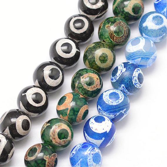 Tibetan Style 3-Eye dZi Beads, Natural Agate Bead Strands, Round, Dyed & Heated