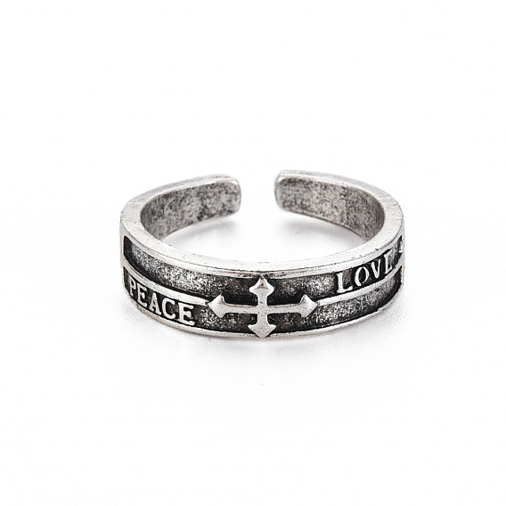Word Peace Love Open Cuff Ring, Tibetan Style Alloy Cross Ring for Men Women, Cadmium Free & Lead Free